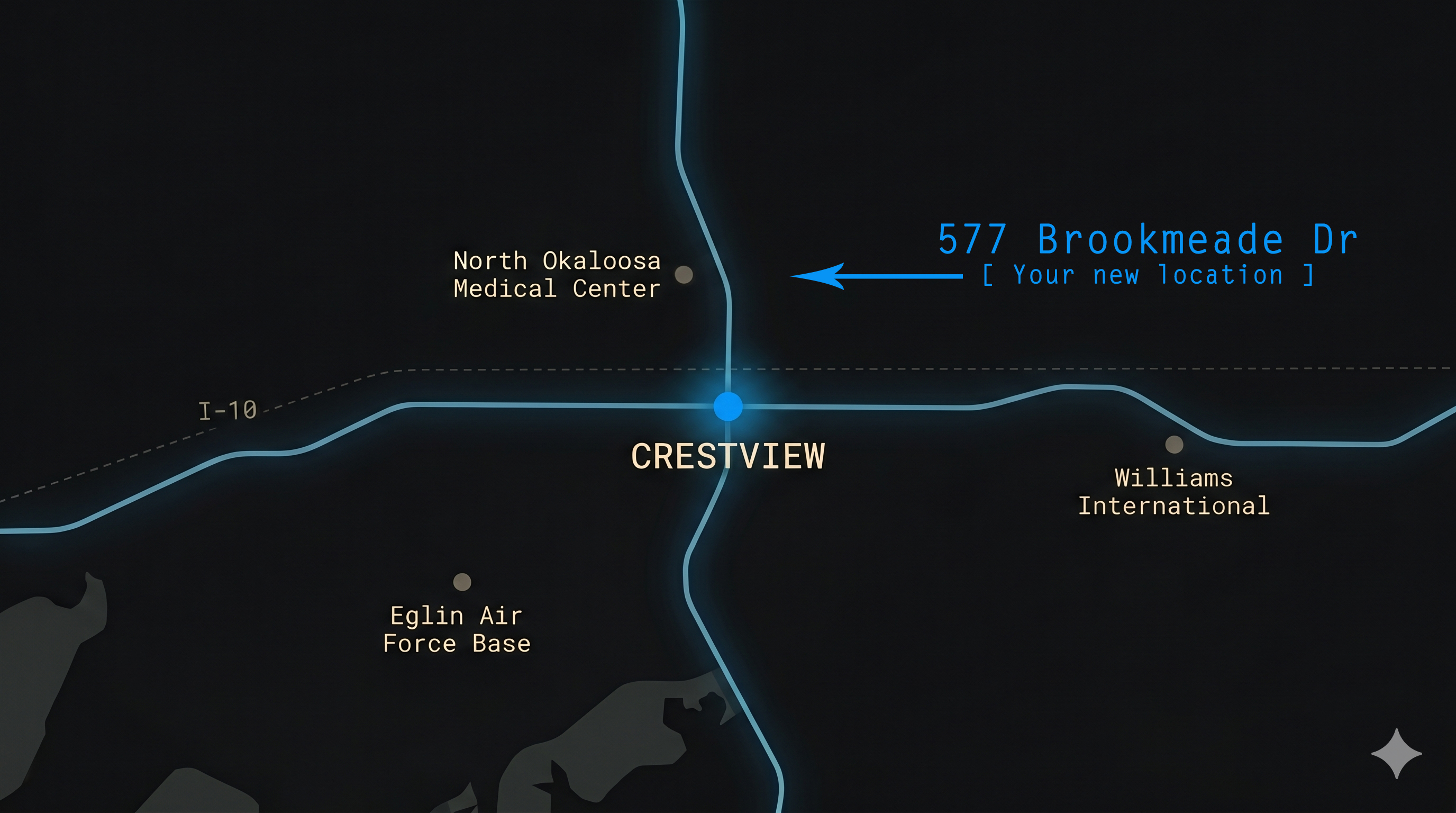 Map of Crestview, FL showing the property in context with North Okaloosa Medical Center, Eglin AFB, and Williams International.